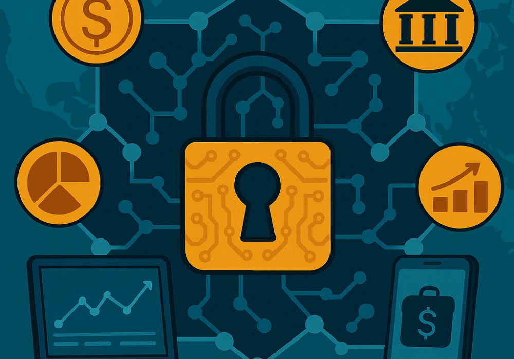 Ilustração digital plana mostrando um cadeado central com circuitos representando blockchain, cercado por laptop, smartphone e ícones financeiros como gráfico, dólar e banco, simbolizando aplicações no mercado financeiro além das criptomoedas.