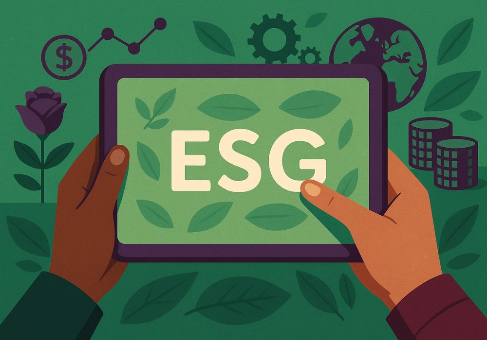 Ilustração digital plana mostrando duas mãos segurando um tablet com a sigla ESG sobre fundo verde com ícones de sustentabilidade, engrenagens, gráficos e moedas, representando fundos brasileiros que entregam impacto