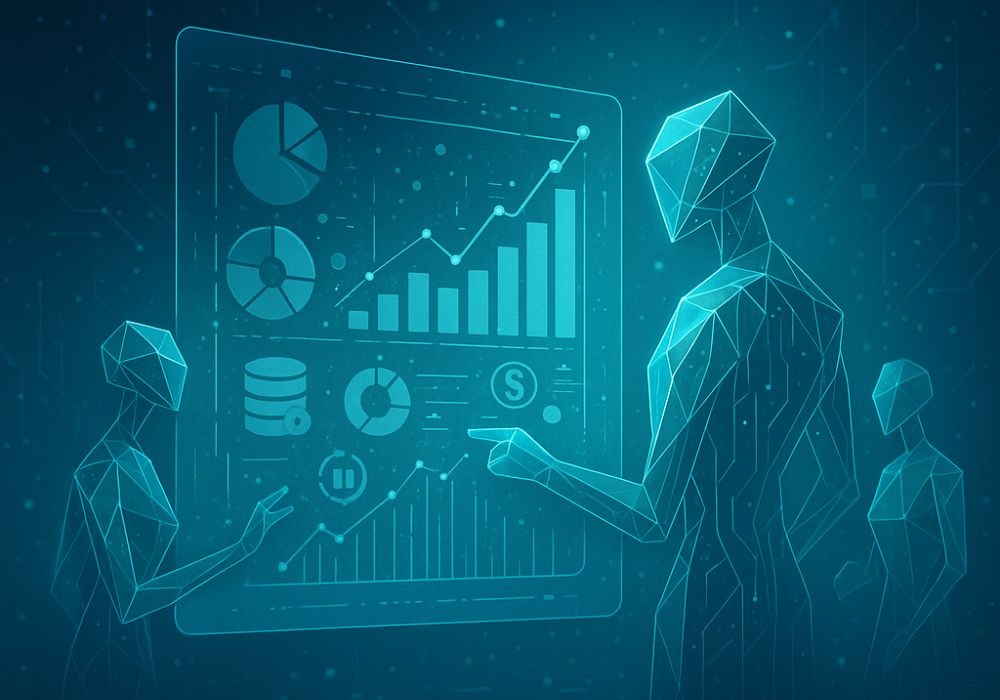 Ilustração quadrada futurista mostrando entidades tecnológicas translúcidas formadas por circuitos luminosos interagindo com um painel digital cheio de gráficos e dados financeiros