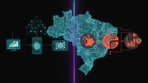 Mapa digital do Brasil com ícones de tecnologia, inteligência artificial e finanças representando a transformação do mercado financeiro no país.