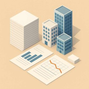 Ilustração isométrica minimalista mostrando pilhas de documentos e gráficos ao lado de prédios modernos, simbolizando solidez e adaptação dos fundos ao novo ciclo.
