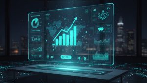 Ilustração futurista de um painel digital holográfico com gráficos de barras e linha ascendente, dados financeiros, indicadores e botões de compra/venda em um cenário urbano noturno.