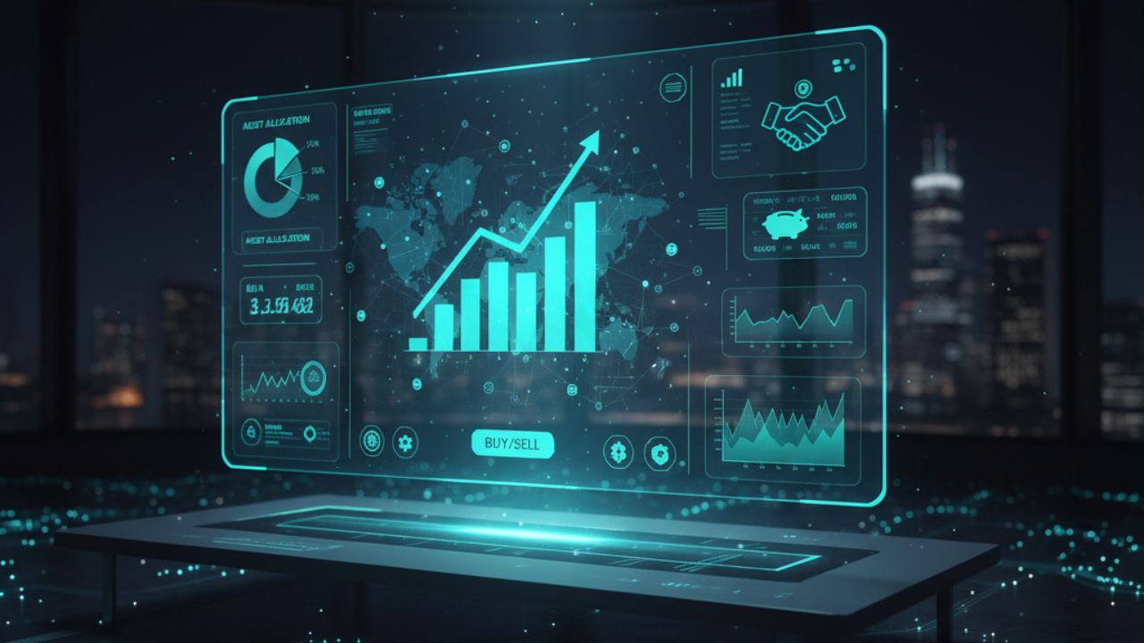 Ilustração futurista de um painel digital holográfico com gráficos de barras e linha ascendente, dados financeiros, indicadores e botões de compra/venda em um cenário urbano noturno.
