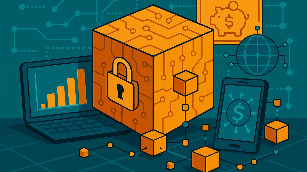 Ilustração digital plana mostrando um grande bloco laranja com cadeado simbolizando blockchain, cercado por laptop com gráfico, smartphone com ícone financeiro, globo e ícones conectados representando aplicações no mercado financeiro além das criptomoedas