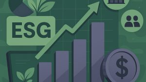 Ilustração digital plana sobre investimentos ESG mostrando gráfico de barras roxas em crescimento, ícones de sustentabilidade, indústria e impacto social sobre fundo verde, representando fundos brasileiros que entregam impacto