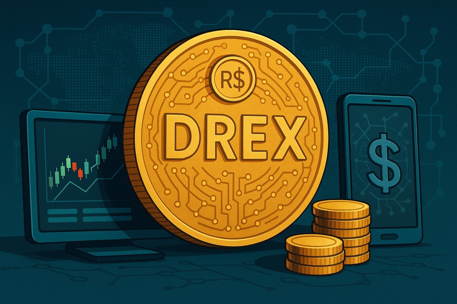 Ilustração horizontal moderna mostrando símbolo do Drex cercado por gráficos financeiros, smartphones e elementos de blockchain representando inovação nos investimentos.