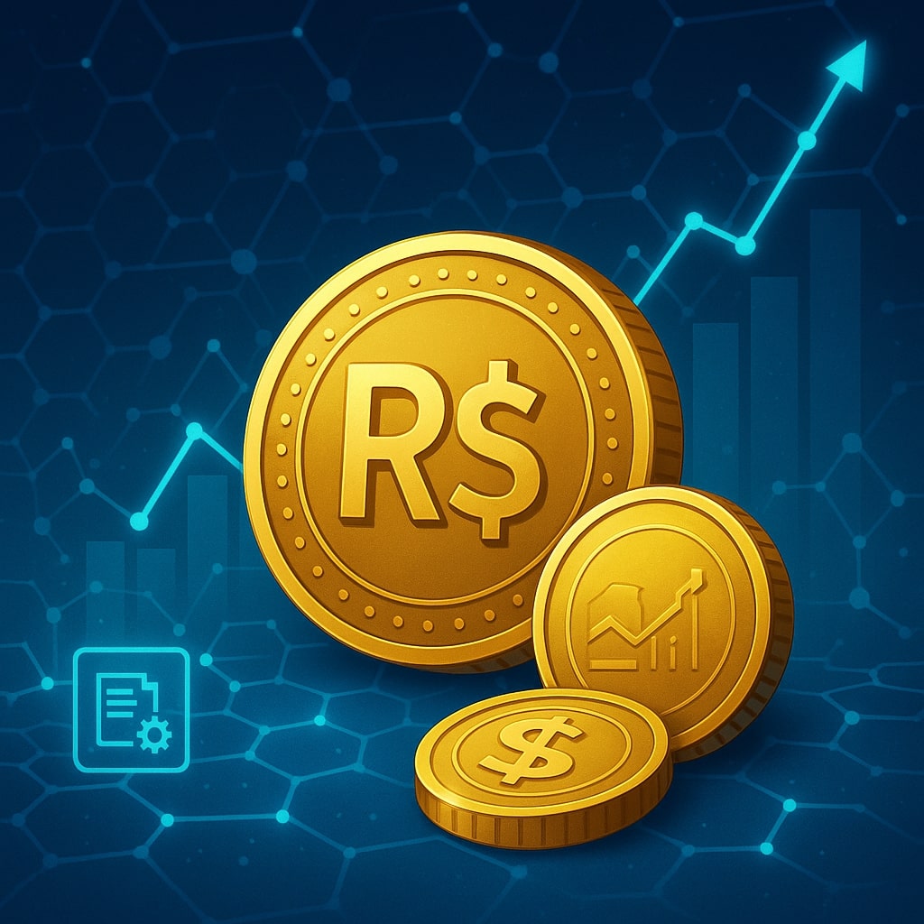 Ilustração quadrada futurista mostrando moedas Drex douradas sobre rede blockchain azul com gráficos ascendentes e ícones de contratos inteligentes