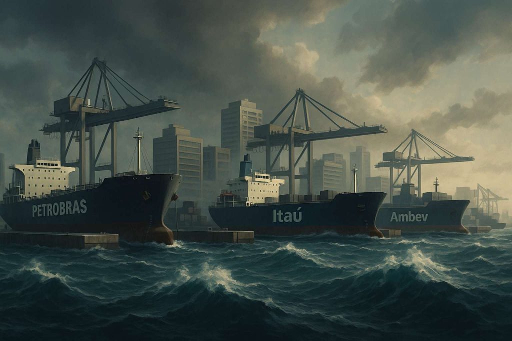 Ilustração digital realista de um porto moderno com navios identificados como grandes empresas brasileiras, cercados por ondas agitadas que simbolizam a volatilidade do mercado, em tons sóbrios e atmosfera de contraste entre estabilidade e movimento.