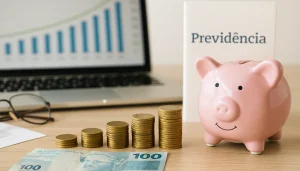 "Cofrinho rosa ao lado de moedas empilhadas e cédula de 100 reais em frente a um notebook, simbolizando planejamento de longo prazo em uma carteira previdenciária"