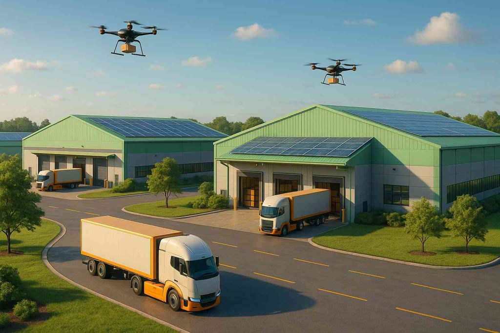Centro de distribuição moderno com galpões sustentáveis cobertos por painéis solares, caminhões autônomos estacionados e drones sobrevoando, cercado por áreas verdes em estilo realista e futurista.