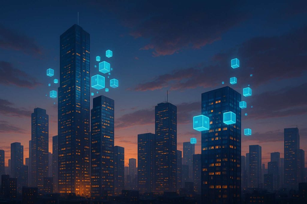 Cidade futurista ao entardecer, com arranha-céus modernos iluminados e blocos digitais azuis flutuando ao redor dos prédios, representando frações tokenizadas em um cenário tecnológico vibrante.