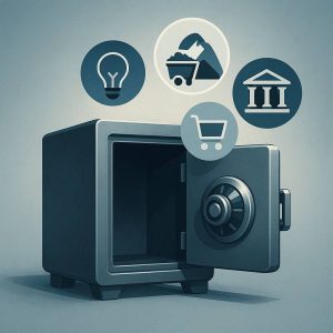 Ilustração semirrealista de um cofre metálico aberto, com ícones flutuando acima representando energia, mineração, bancos e consumo, em paleta de azul e cinza que transmite solidez e modernidade.