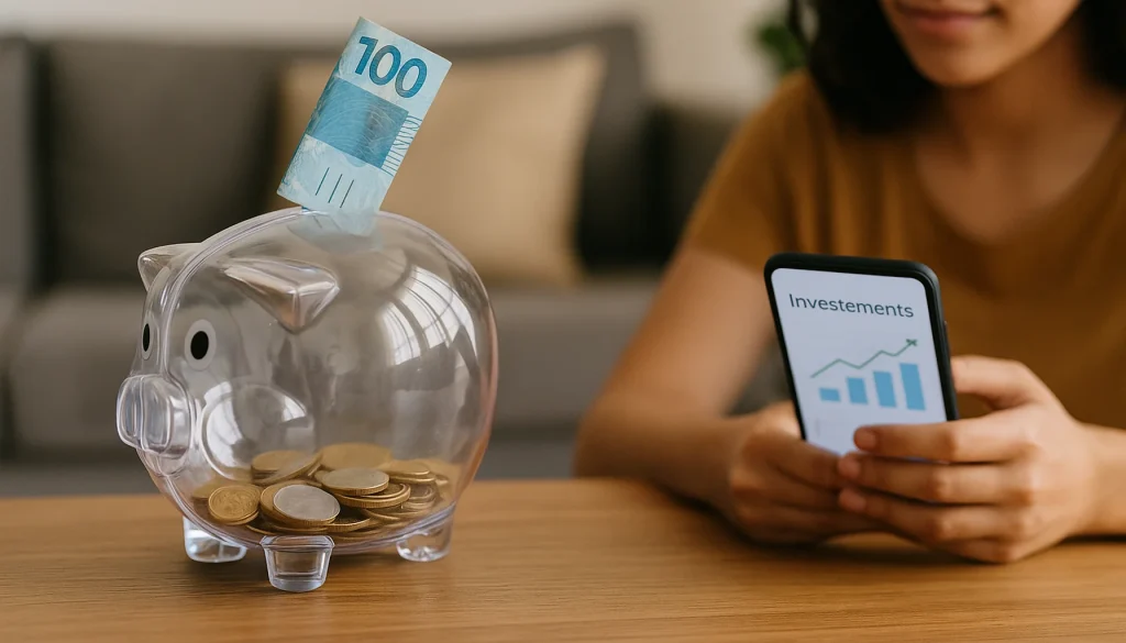 "Cofrinho transparente com moedas e nota de 100 reais, enquanto jovem usa aplicativo no celular para aprender como começar a investir"