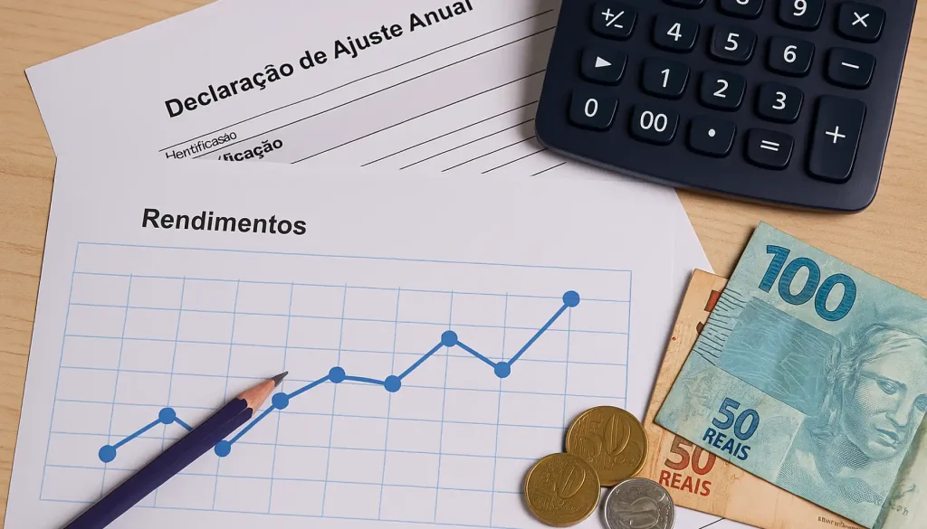 Mesa com calculadora, moedas, cédulas de reais e gráficos de rendimentos ao lado de documentos fiscais, representando a declaração de investimentos no Imposto de Renda 2025