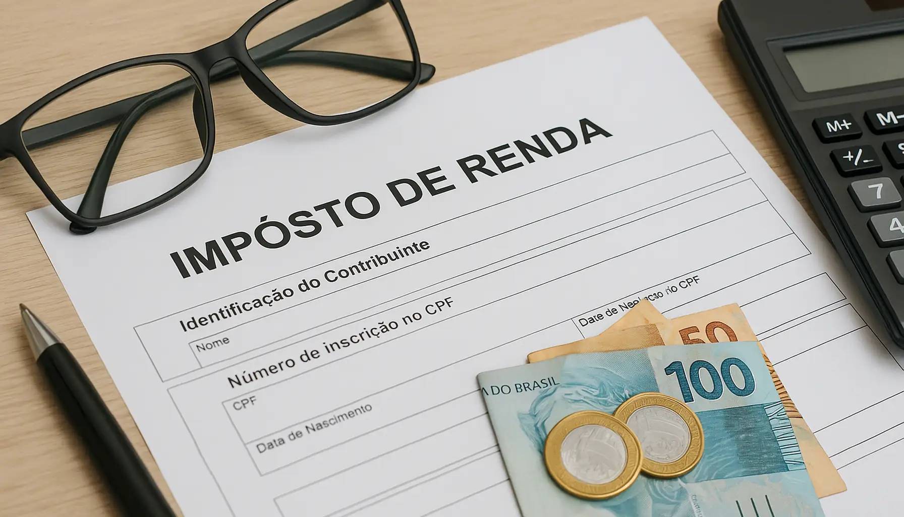 Documentos de Imposto de Renda, cédulas e moedas de reais organizados sobre a mesa, simbolizando a declaração de investimentos no Imposto de Renda
