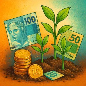 Moedas e notas brasileiras se transformando em pequenas plantas verdes crescendo em solo fértil, simbolizando dividendos como renda sustentável, estilo ilustrativo detalhado e vibrante.