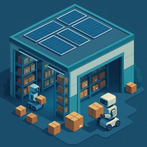 Hub logístico digitalizado em estilo isométrico, com robôs organizando caixas em prateleiras automatizadas, luzes de LED e painéis solares no telhado, em um visual limpo e tecnológico.