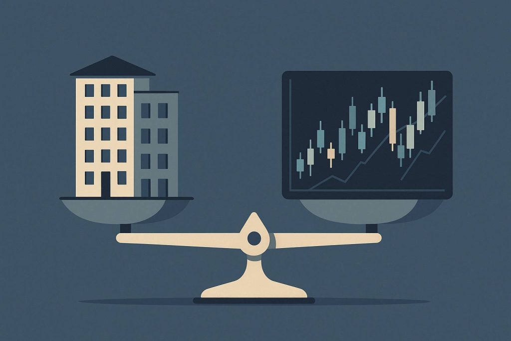 Ilustração moderna e minimalista de uma balança financeira, com prédio residencial estilizado em um lado e gráfico de bolsa de valores no outro, em estilo realista com cores sóbrias.
