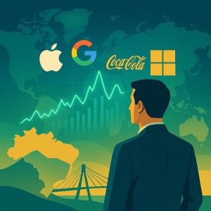 Investidor observa gráficos digitais se transformando em logos de empresas globais sobre um fundo que une Brasil e mundo, em estilo futurista minimalista com paleta verde, azul e dourado.