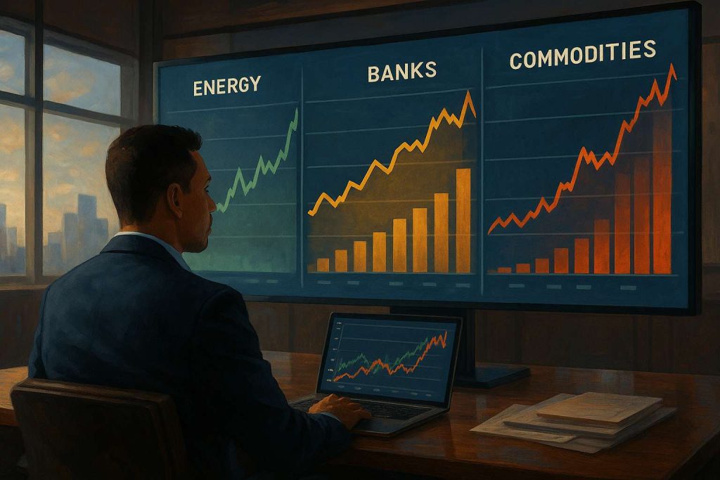 Investidor brasileiro observa gráficos de energia, bancos e commodities em uma grande tela em ambiente moderno de mercado financeiro, estilo realista com toque artístico digital.