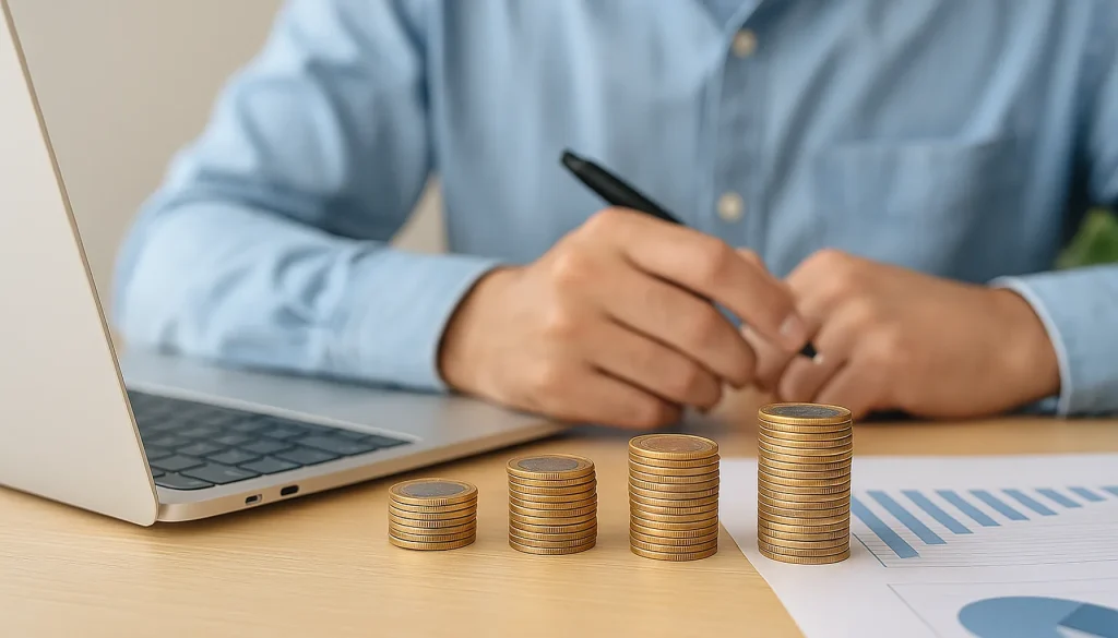 Investidor brasileiro sentado à mesa com moedas empilhadas em ordem crescente ao lado de notebook, simbolizando disciplina no investimento automático
