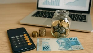 "Mesa com notebook exibindo gráficos, celular com calculadora, jarro de moedas e nota de 100 reais, representando organização financeira com investimento automático"