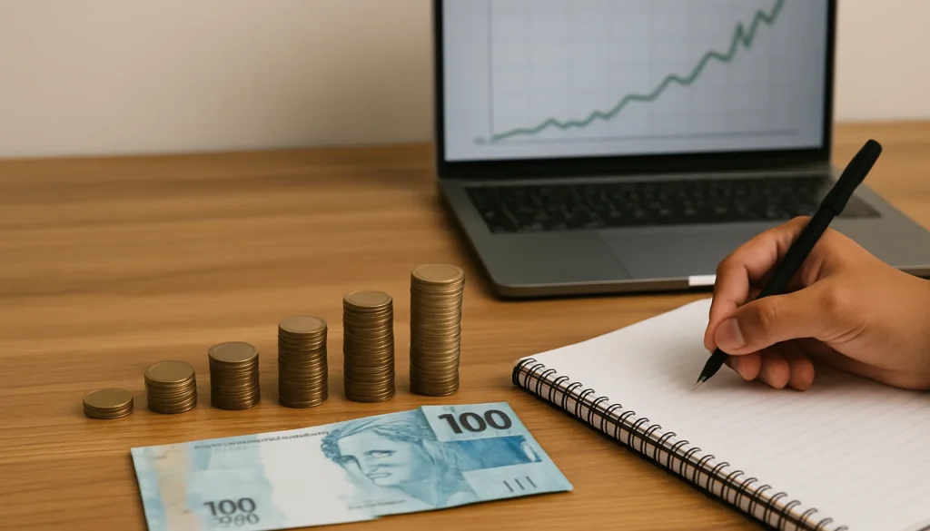 "Moedas empilhadas em formato crescente ao lado de uma nota de 100 reais e notebook com gráfico de crescimento, representando juros compostos"
