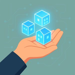 Ilustração minimalista em estilo flat design de uma mão segurando três cubos digitais brilhantes, representando imóveis em miniatura e simbolizando acesso fracionado em um contexto tecnológico moderno.