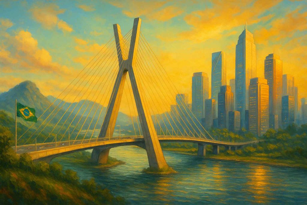 Ponte estaiada inspirada no Brasil conectando paisagem verde a arranha-céus internacionais sob um pôr do sol vibrante.