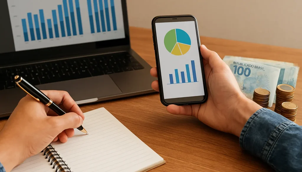 Mesa de trabalho com notebook exibindo gráficos de investimentos e cédulas de reais, representando o rebalanceamento de carteira"