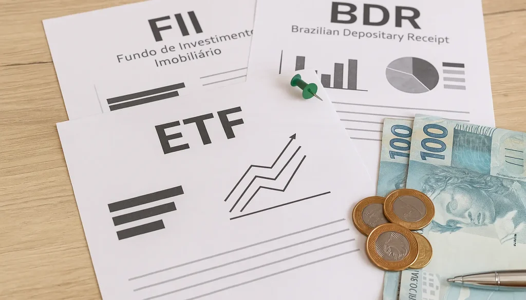Relatórios de investimentos, moedas e cédulas de reais ao lado de um notebook com gráficos coloridos, simbolizando a tributação de ETFs e outros ativos