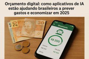 Um smartphone exibindo um aplicativo de orçamento com valores calculados aparece sobre uma mesa ao lado de notas e moedas brasileiras. A interface mostra um saldo positivo e categorias de gastos, sugerindo o uso de tecnologia para organizar finanças pessoais. A cena representa como ferramentas digitais ajudam brasileiros a prever despesas, controlar o orçamento e economizar ao longo do tempo.