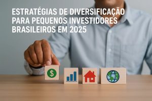 Pessoa posicionando blocos de madeira sobre uma mesa, cada um com um ícone representando diferentes categorias de investimentos — dinheiro, crescimento financeiro, imóveis e o globo terrestre. Ao fundo, um homem com camisa social aparece desfocado, enquanto o texto na parte superior destaca 'Estratégias de diversificação para pequenos investidores brasileiros em 2025'. A imagem simboliza planejamento financeiro, organização e a importância de distribuir investimentos de forma equilibrada.