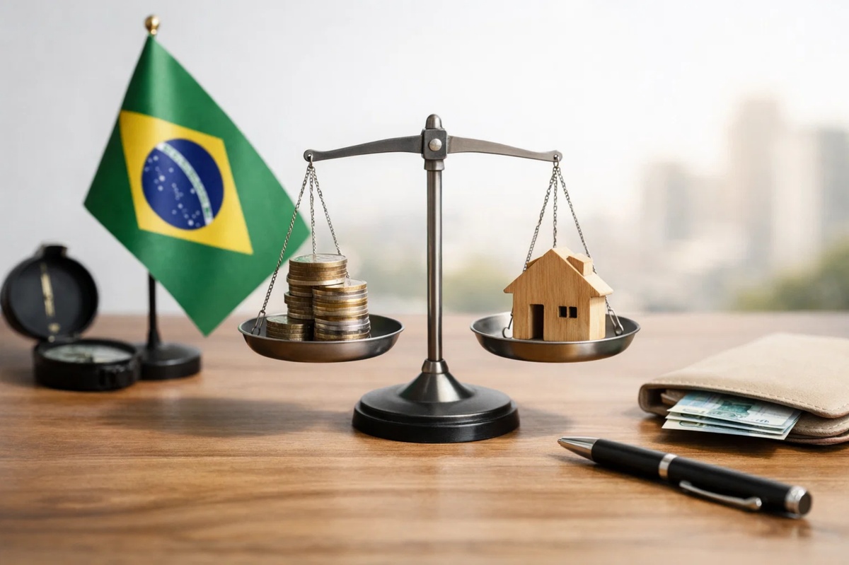 Ilustração simbólica de investimentos em renda fixa no Brasil, mostrando uma balança financeira com moedas empilhadas de um lado e uma casa de madeira do outro, representando o equilíbrio entre risco e retorno. A bandeira brasileira ao fundo contextualiza o cenário nacional, enquanto uma carteira, dinheiro e uma caneta remetem à tomada de decisões financeiras em cenários econômicos instáveis.