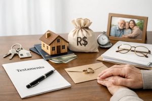 “Imagem representando planejamento sucessório financeiro, com foco em finanças e organização patrimonial ainda em vida. Sobre uma mesa de madeira aparecem um documento de testamento, uma caneta, um modelo de casa simbolizando bens imóveis, chaves, dinheiro, uma bolsa com símbolo de real, alianças, relógio e uma foto de família ao fundo. As mãos de uma pessoa mais velha repousam sobre a mesa, transmitindo a ideia de cuidado, responsabilidade e preparação financeira para garantir segurança e tranquilidade às futuras gerações.