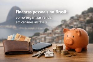 Cofrinho em formato de porco ao lado de moedas empilhadas, carteira com cédulas de real, celular e chaves sobre uma mesa, com paisagem urbana brasileira ao fundo, representando finanças pessoais no Brasil e a organização da renda em cenários instáveis.