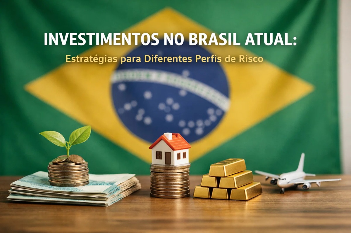 Imagem ilustrativa sobre investimentos no Brasil, com a bandeira brasileira ao fundo e, em primeiro plano, pilhas de moedas, notas de real, uma pequena casa sobre moedas, barras de ouro e um avião em miniatura, simbolizando diversificação entre renda fixa, mercado imobiliário, commodities e ativos internacionais. A composição transmite a ideia de investimentos estratégicos adaptados a diferentes perfis de risco no cenário econômico brasileiro atual.