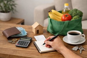 Pessoa anotando despesas em um caderno sobre uma mesa de madeira, ao lado de uma calculadora, carteira com dinheiro em reais, recibos e uma pequena casa decorativa simbolizando moradia. Ao fundo há uma sacola reutilizável com alimentos como banana, tomate e brócolis, além de uma xícara de café e chaves. A cena representa organização das finanças domésticas diante do aumento do custo de vida no Brasil, mostrando o planejamento do orçamento para manter qualidade de vida mesmo com despesas do dia a dia.