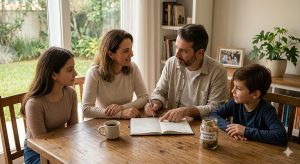 Família reunida em volta de uma mesa de madeira em casa, com pai, mãe e dois filhos analisando um caderno de anotações enquanto conversam sobre organização do dinheiro e objetivos futuros. Sobre a mesa há um pote rotulado como “poupança futuro”, simbolizando planejamento e educação financeira. A cena transmite união, diálogo e responsabilidade nas finanças familiares, representando a ideia de planejamento financeiro familiar e escolhas conscientes que fazem diferença no longo prazo.