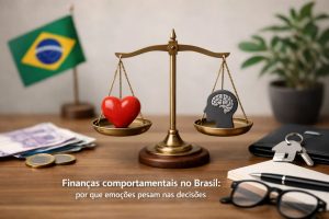 Balança de equilíbrio sobre uma mesa representando finanças comportamentais, com um coração vermelho de um lado simbolizando emoções e uma cabeça com cérebro do outro lado representando razão; ao fundo, uma bandeira do Brasil desfocada, além de elementos como dinheiro, carteira, chaves, óculos e caderno, ilustrando o impacto das emoções nas decisões de finanças no contexto brasileiro.