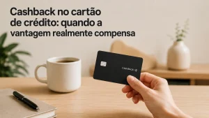 Imagem minimalista sobre cashback em cartão de crédito mostrando uma mão segurando um cartão preto em ambiente moderno e aconchegante. Sobre uma mesa de madeira há um caderno, uma caneca de café e elementos decorativos suaves ao fundo. O título ‘Cashback no cartão de crédito: quando a vantagem realmente compensa’ aparece em destaque na parte superior da imagem.